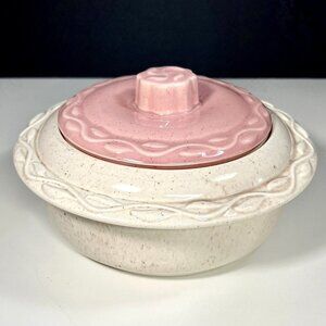 Vintage California Pottery‎ USA Pink Cream Speckled Covered Casserole Dish C-61